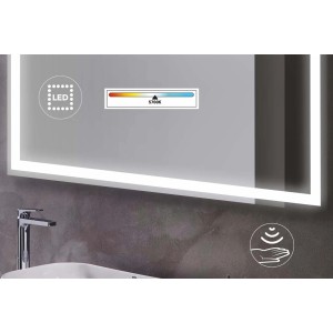 Specchio rettangolare a LED con sensore tattile e temperatura colore regolabile.