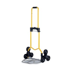 Carrello saliscale giallo per officina e trasporto.