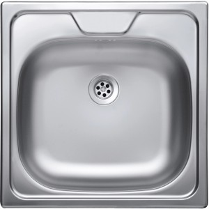 Lavello quadrato in acciaio inox con scarico centrale.