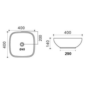 Disegno tecnico: lavabo da appoggio t.b.t. con dimensioni.