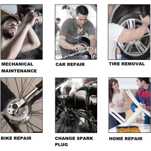Illustrazione di vari lavori di riparazione e manutenzione, ad es. auto, bicicletta, cambio gomme.