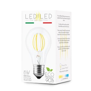Lampadina LED E27 nella confezione. Lampadina a risparmio energetico con luce bianca calda.