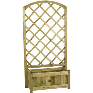 Fioriera in legno con traliccio per piante rampicanti, ideale per giardino e terrazzo.