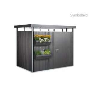 Casetta attrezzi Biohort HighLine in metallo grigio scuro con tetto piatto, doppia porta e fioriere.