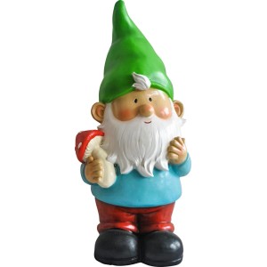 Gnomo da giardino in piedi, 33 cm, con cappello verde e fungo, ideale per decorare giardini e aiuole.
