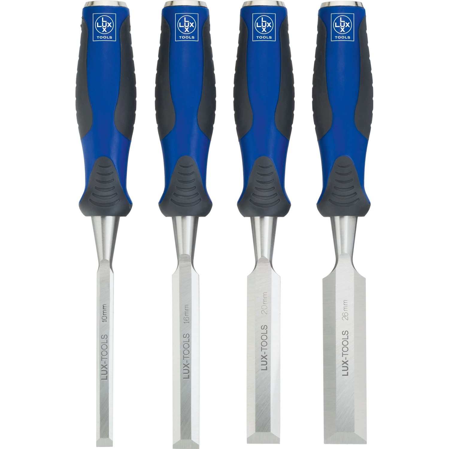 Set scalpelli LUX-TOOLS Comfort, 4 pezzi, con manici blu-grigi e diverse dimensioni.