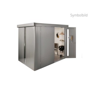 Casetta attrezzi Biohort Neo 2B grigio quarzo metallizzato con porta standard aperta, mostra interno con barbecue e scaffali.