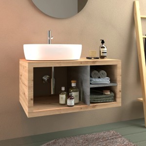 Moderno set di mobili bagno con lavabo, mobile sottolavabo effetto legno e accessori.