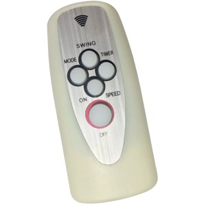 Telecomando per ventilatore con pulsanti per swing, timer, modalità, velocità e on/off.