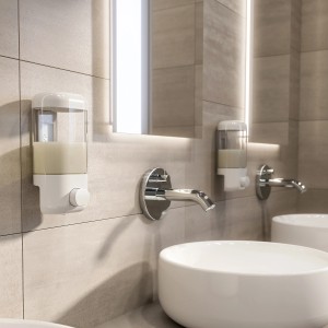 Dispenser sapone t.b.t. bianco in bagno moderno.