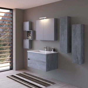 Set di mobili da bagno moderni con mobile lavabo, specchiera e pensili effetto cemento.