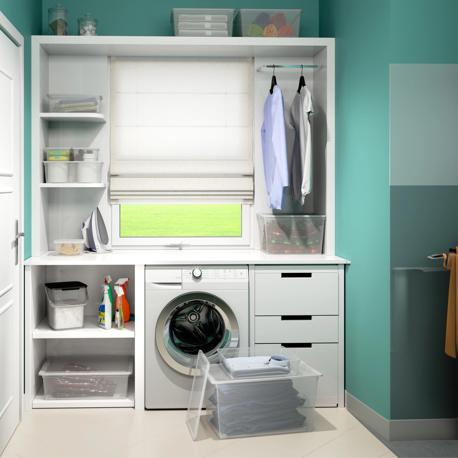 Scatola trasparente KIS C XXS con coperchio su scaffale in lavanderia.