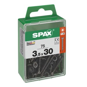 Viti SPAX nere 3,5x30 mm in contenitore di plastica verde. Fissaggi universali per il fai da te.