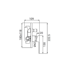 Disegno tecnico di un rubinetto doccia t.b.t. con dimensioni.