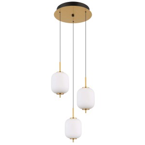 Lampada a sospensione moderna con tre globi in vetro bianco e dettagli dorati.