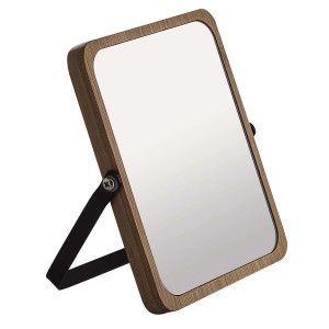 Specchio da trucco t.b.t. con cornice in legno e supporto.