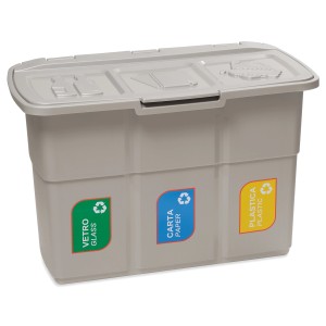 Pattumiera t.b.t. grigia con tre scomparti per vetro, carta e plastica.
