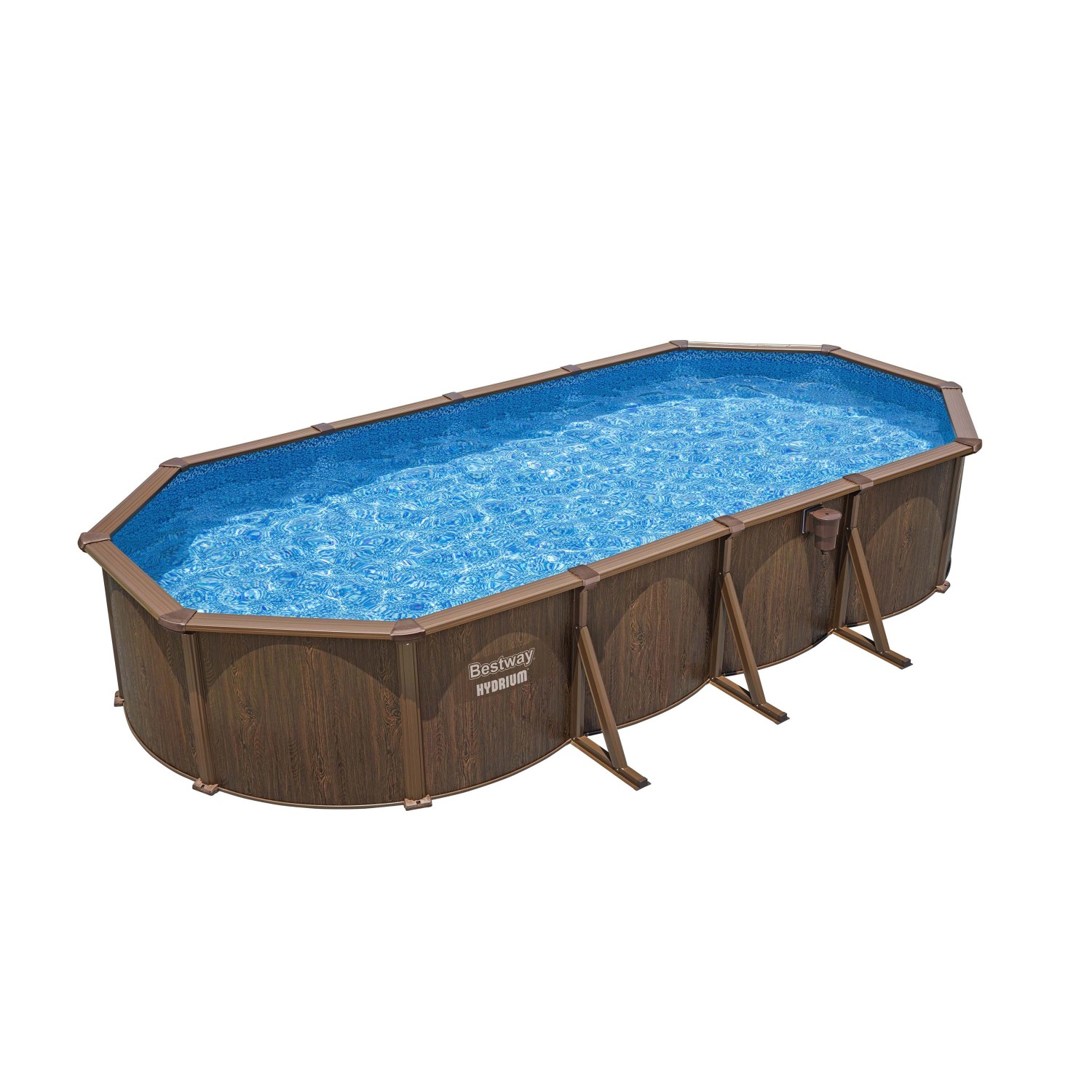 Piscina fuori terra ovale con effetto legno e acqua blu.