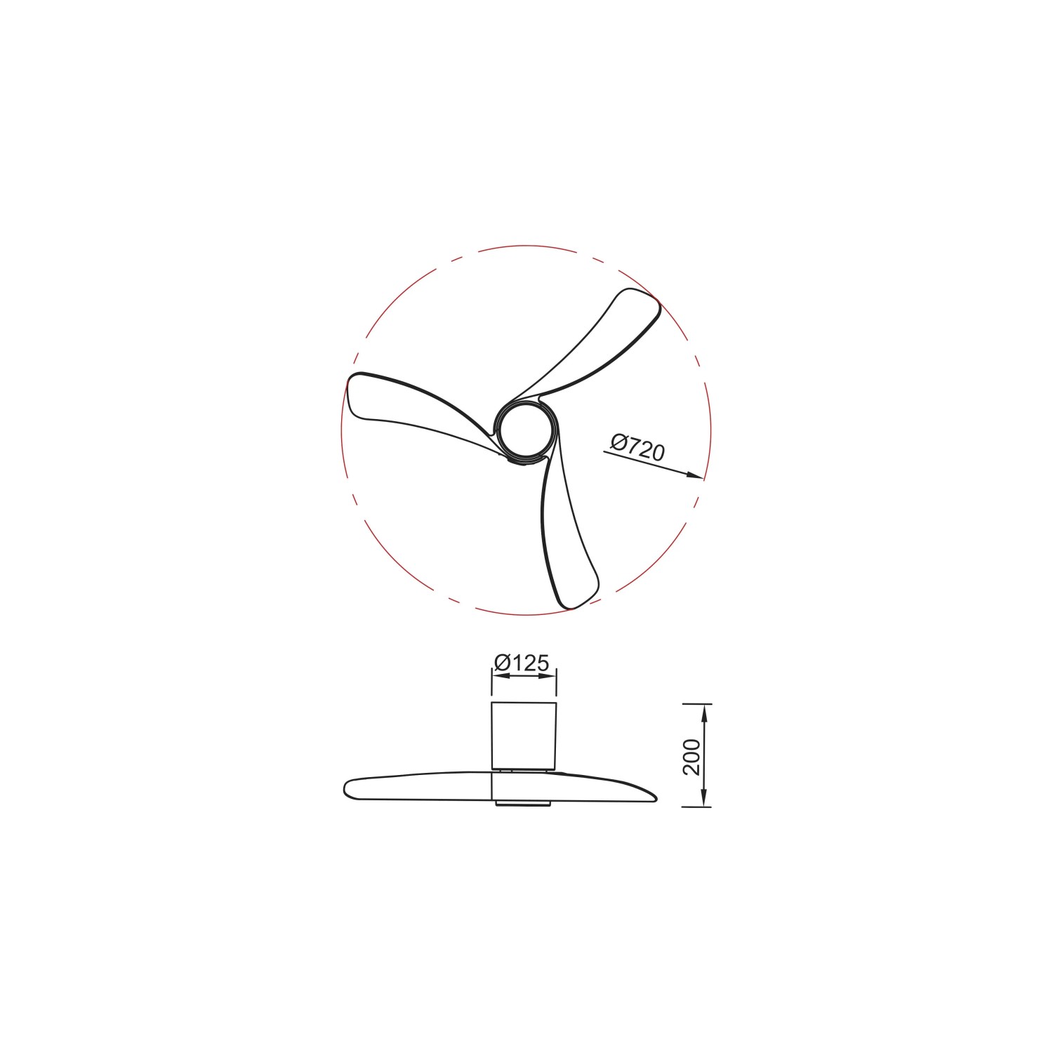Disegno tecnico di un ventilatore con dimensioni.