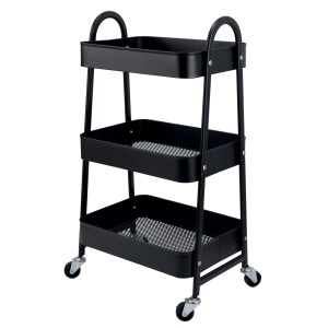 Carrello nero con tre ripiani e maniglie.