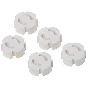 Cinque protezioni per prese elettriche bianche per una maggiore sicurezza domestica.