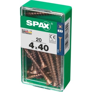 Viti per legno SPAX 4x40 mm in contenitore di plastica verde.