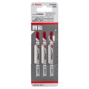 Lame per seghetto alternativo Bosch T102BF (3 pz.) per tagli puliti nella plastica.