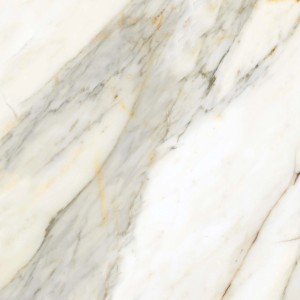 Dettaglio di una piastrella per pavimenti con effetto marmo in tonalità di bianco e grigio.