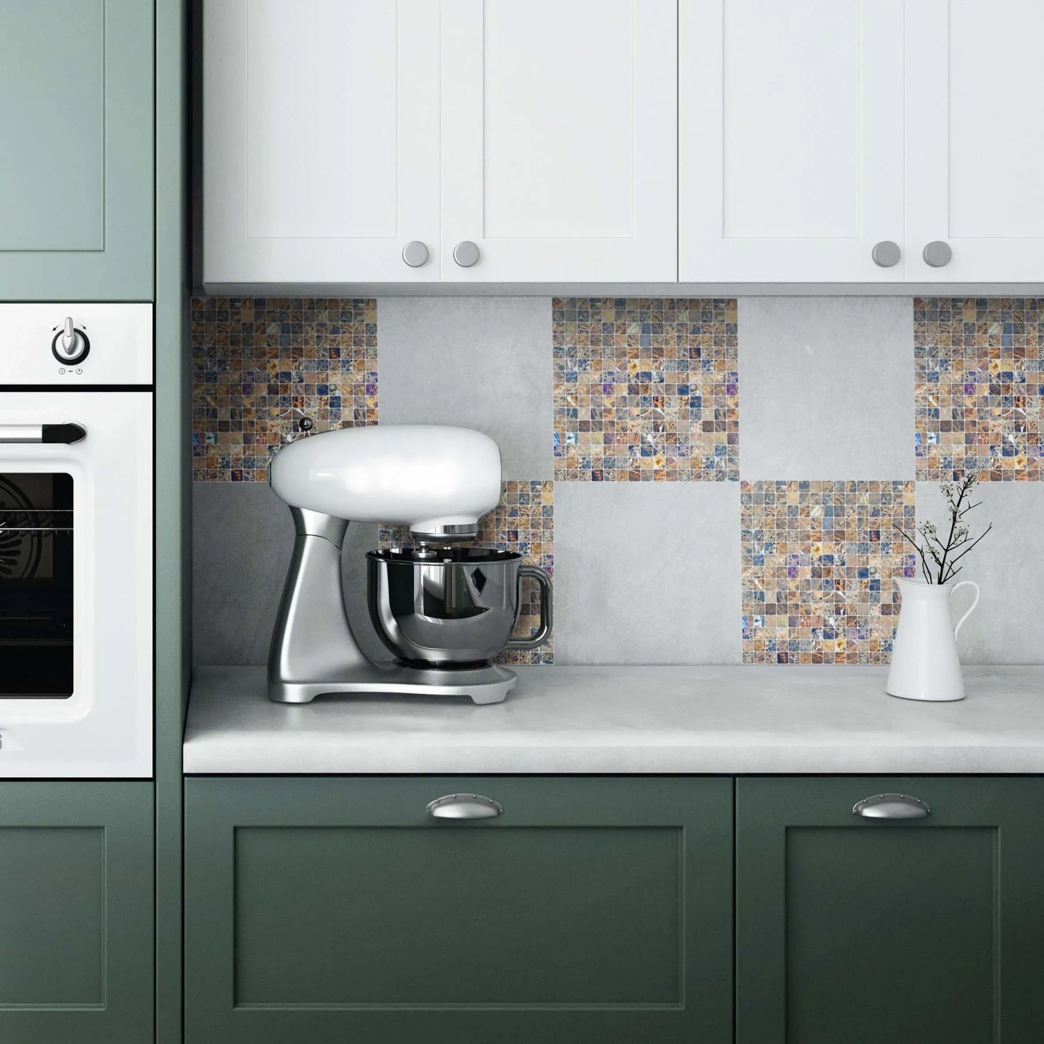 Decorazione parete con adesivi per piastrelle a mosaico di t.b.t. in cucina.