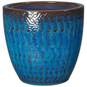 Vaso da fiori in terracotta blu con motivo in rilievo per interni ed esterni.