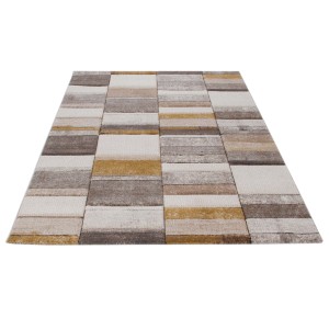 Tappeto moderno con motivo a strisce nei toni del beige, marrone e giallo.