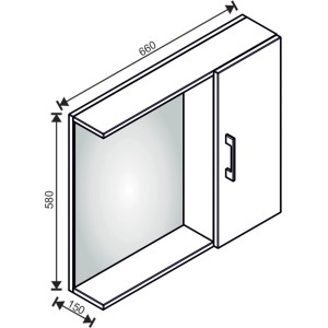Disegno tecnico di uno specchio contenitore con dimensioni.