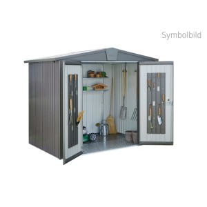 Casetta attrezzi metallo Biohort Europa grigio quarzo, doppia porta aperta con scaffali e attrezzi da giardino.
