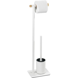 Wenko Set WC da terra Macao, scopino bianco con porta carta igienica in acciaio e legno.