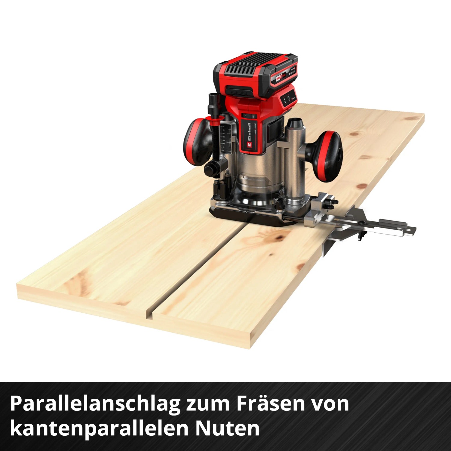 Fresatrice a batteria Einhell TP-RO 18 Li BL su legno con guida parallela.