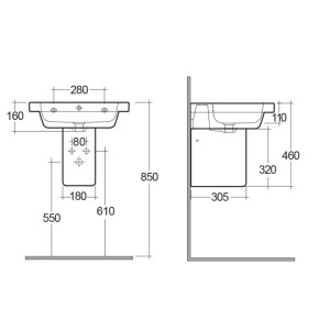 Disegno tecnico lavabo t.b.t. per bagno, misure e dettagli per l'installazione.