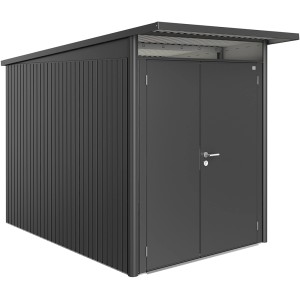 Casetta da giardino in metallo Biohort AvantGarde A3, grigio scuro metallizzato con doppia porta.