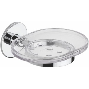 Dispenser sapone t.b.t. in cromo e plastica trasparente.