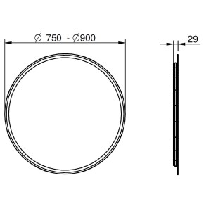 Disegno tecnico di uno specchio rotondo (t.b.t.) con dimensioni.