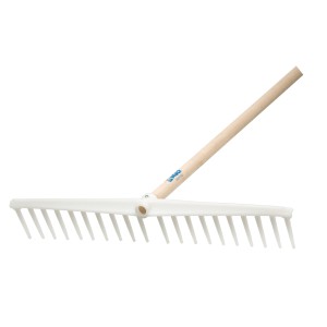 Rastrello per foglie con manico in legno e denti bianchi. Ideale per il giardinaggio.