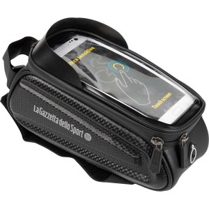 Borsa da bici nera con scomparto per smartphone e touchscreen.