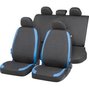 Set coprisedili auto 14 pezzi blu e nero per interni auto.