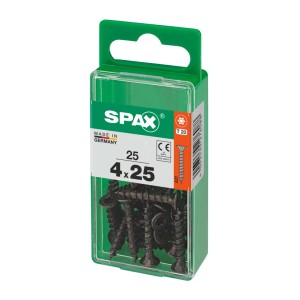 Viti universali Spax, 4x25 mm, zincate, nere, 25 pezzi in contenitore di plastica verde.