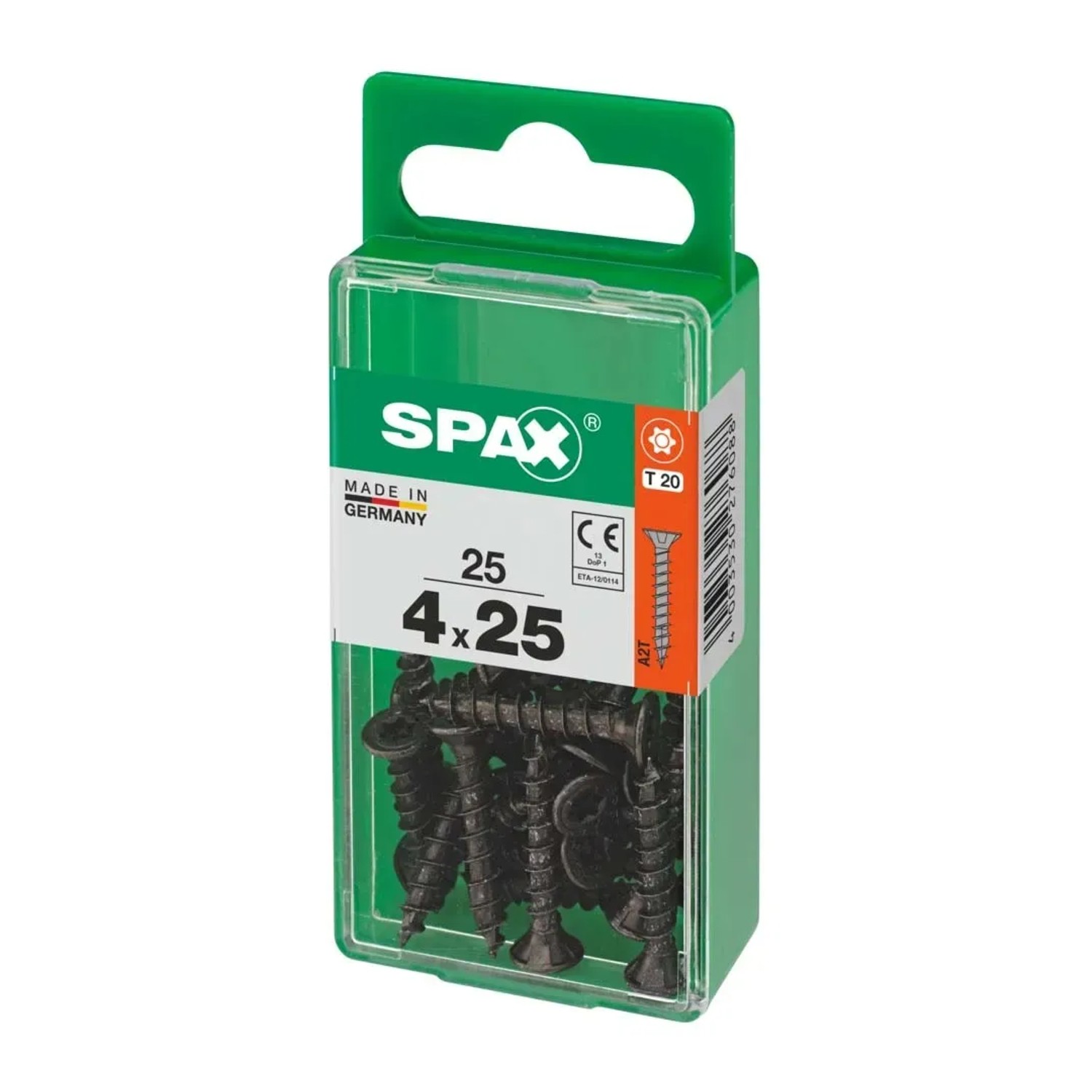 Viti universali Spax, 4x25 mm, zincate, nere, 25 pezzi in contenitore di plastica verde.