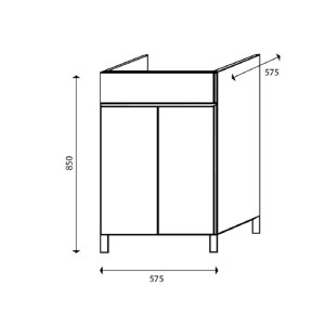 Disegno tecnico: mobile lavabo t.b.t. con dimensioni 575 x 575 x 850 mm.