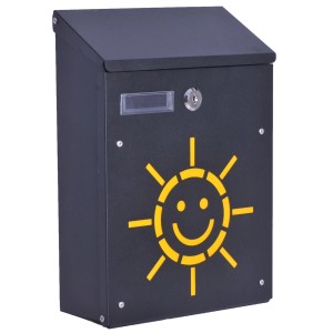 Cassetta postale nera con sole giallo. Pratica cassetta per esterni.