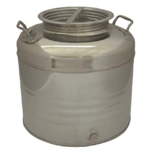 Contenitore in acciaio inox per la conservazione degli alimenti con coperchio e maniglie.