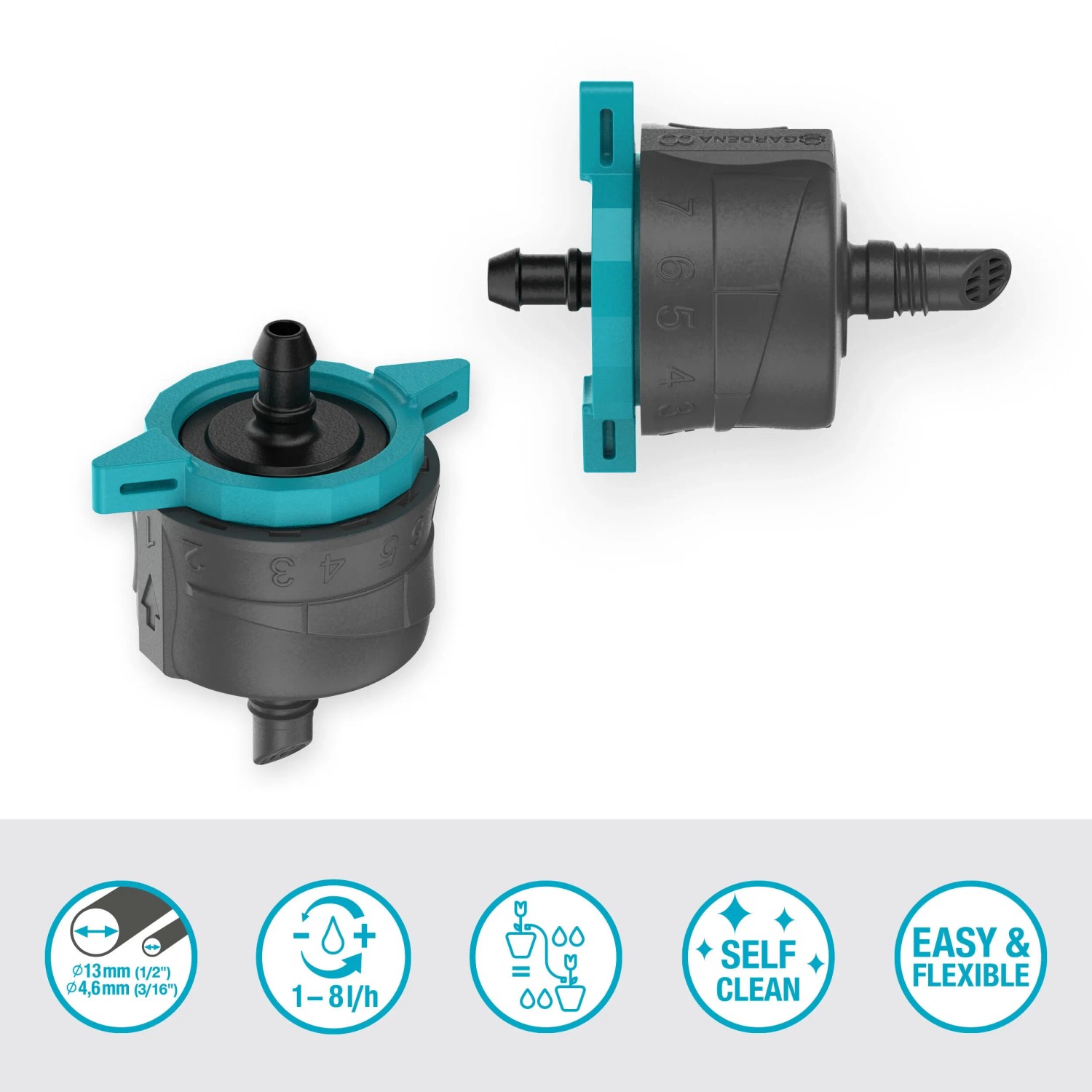 Gardena gocciolatore di regolazione e terminale per un'irrigazione precisa. Accessori per l'irrigazione del giardino.