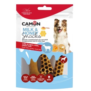 Camom Milk & Honey Snacks per cani, alimento complementare con latte di capra, miele e pappa reale.