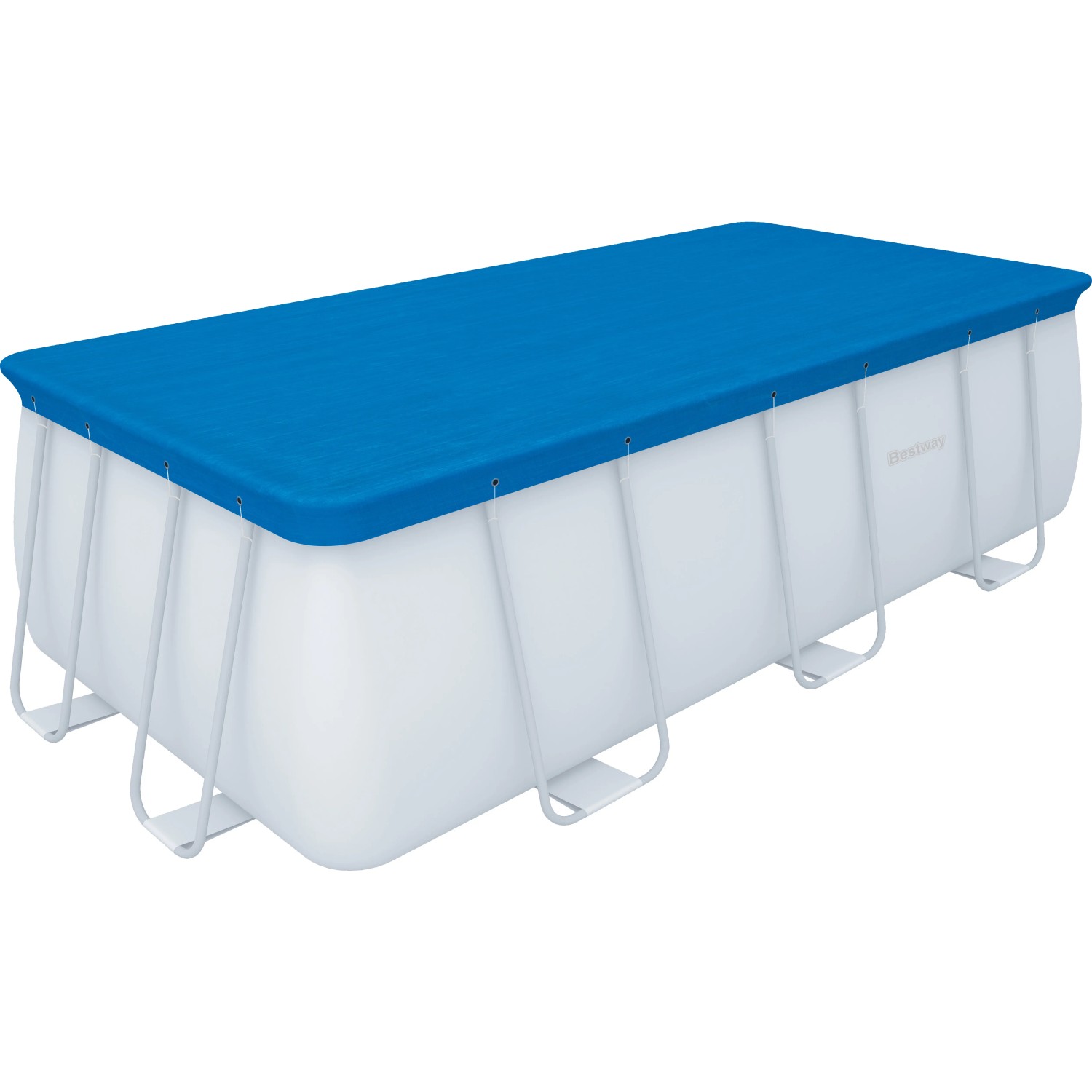 Copertura blu per piscina su una piscina rettangolare. La copertura protegge dallo sporco.